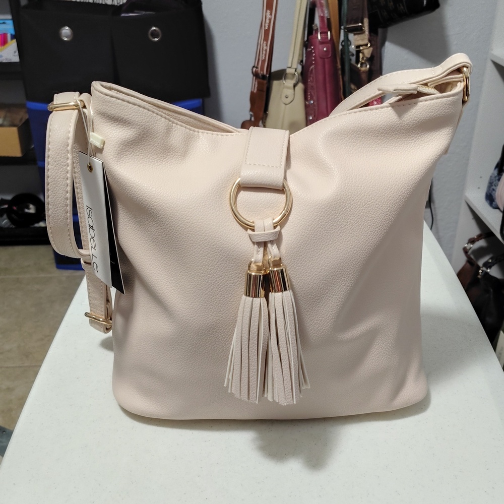 Cream Crossbody Tote with Tassel Accent